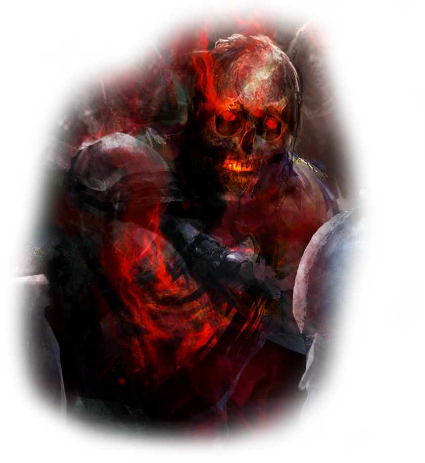 A skeletal warrior, eyes ablaze, armed with a sword and shield.