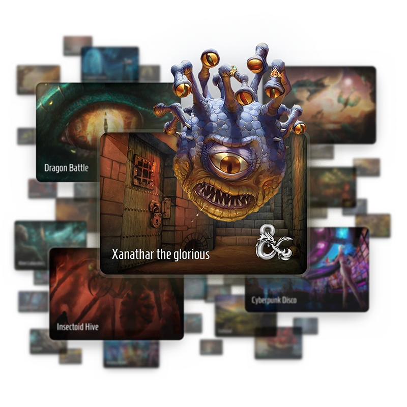 A selection of Syrinscape Soundset artworks with an illustrated monster