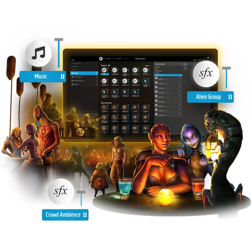 Screenshot of the Syrinscape Soundset Creator surrounded by illustrations of aliens